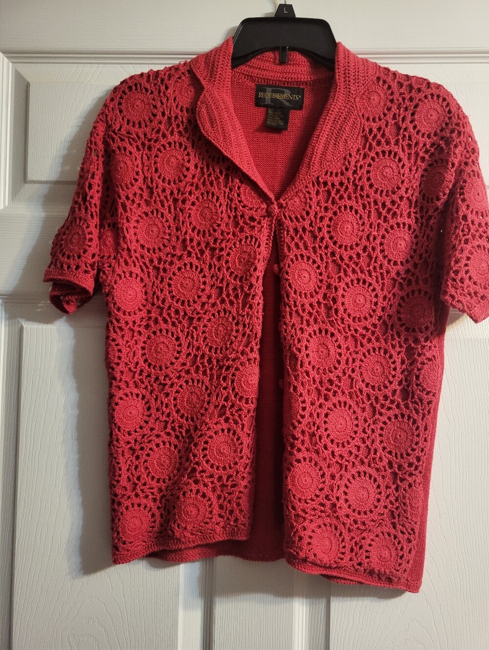 Requirment Coral Red Crochet Short-Sleeve Shawl-Collar Cardigan